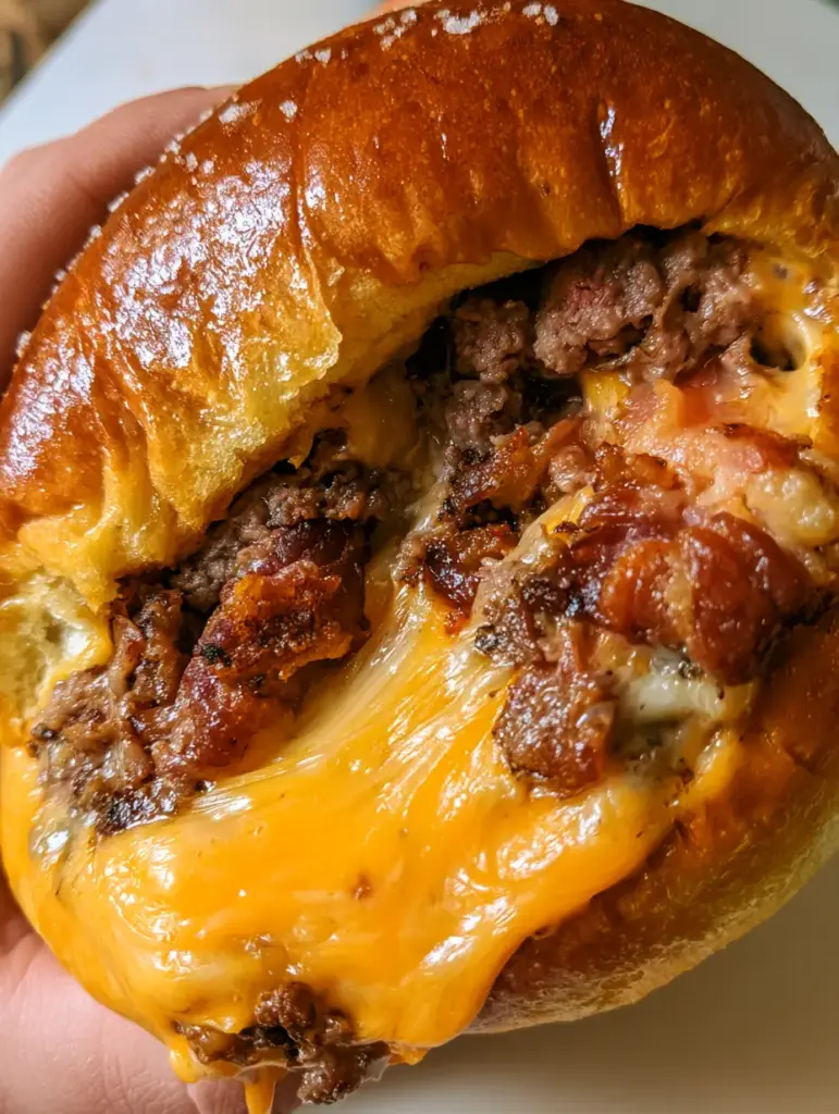 Goldbraune Bacon-Cheeseburger-Bomben frisch aus dem Ofen mit Knoblauchbutter-Glanz.