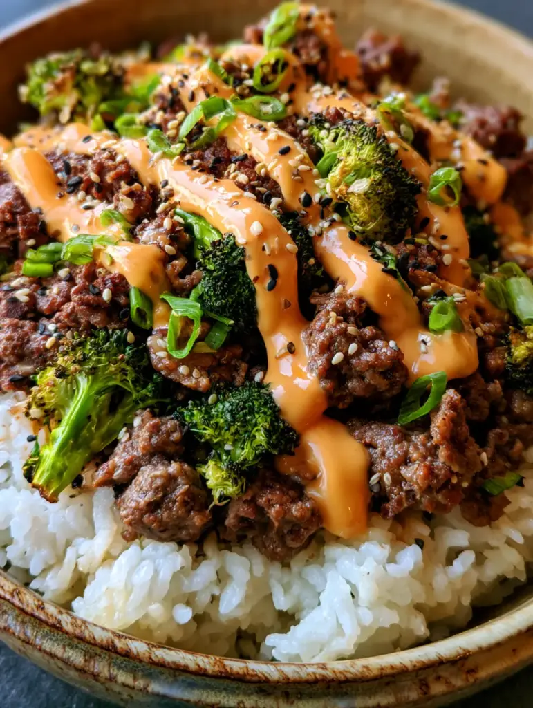 Hackfleisch-Brokkoli-Bowl: Das ultimative 20-Minuten-Rezept für Genießer 2 Nahaufnahme einer Hackfleisch-Brokkoli-Bowl mit fluffigem Reis und geröstetem Brokkoli. (hackfleisch-brokkoli-bowl)