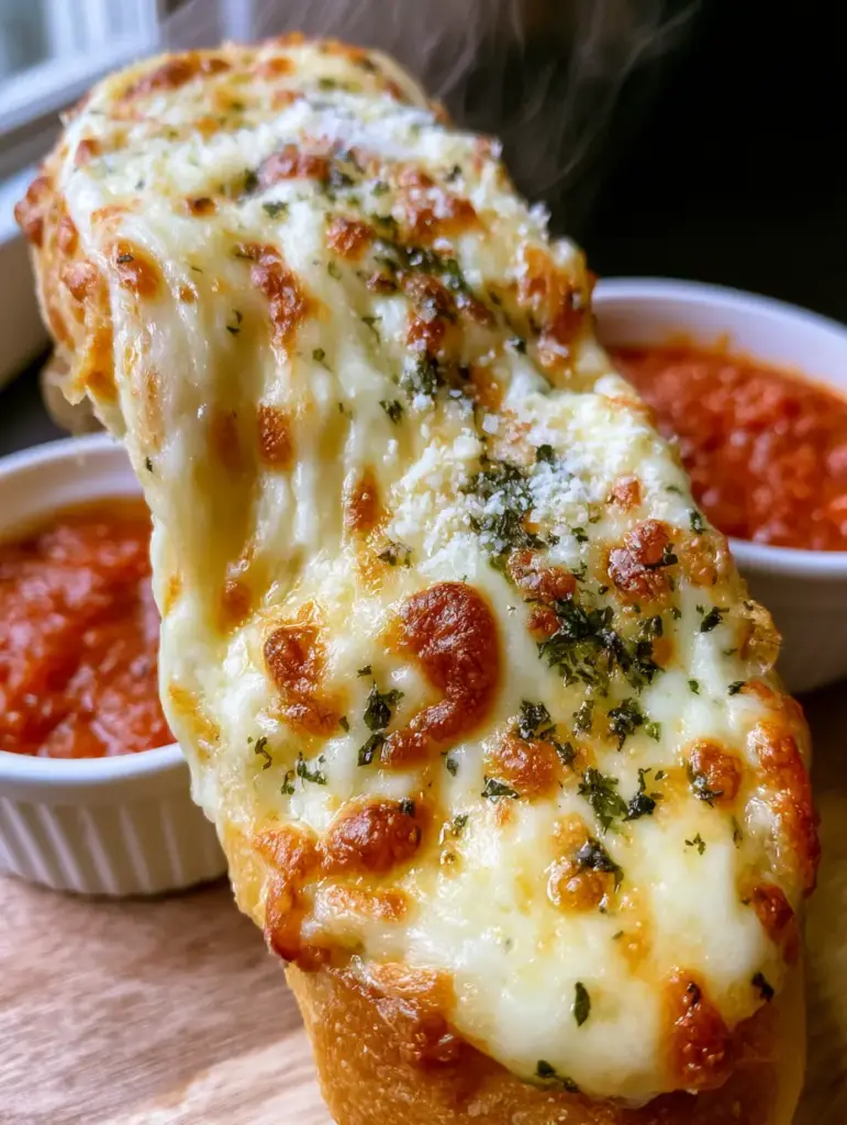 Goldbraune Käsestangen mit geröstetem Parmesan und Kräutern neben einer Schale Marinara-Sauce.