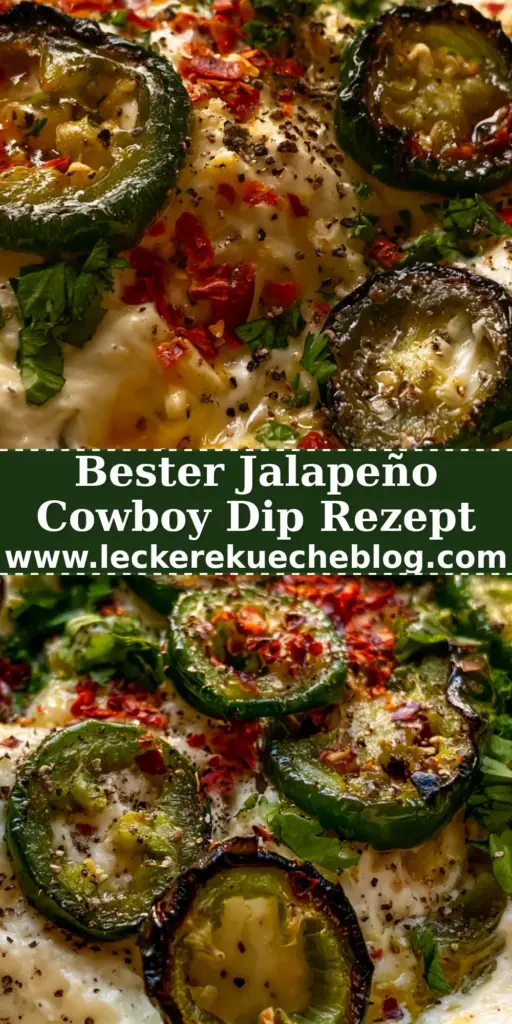 Draufsicht auf einen cremigen Jalapeño Cowboy Dip in einer rustikalen Schale mit gerösteten Jalapeños und Chiliflocken.