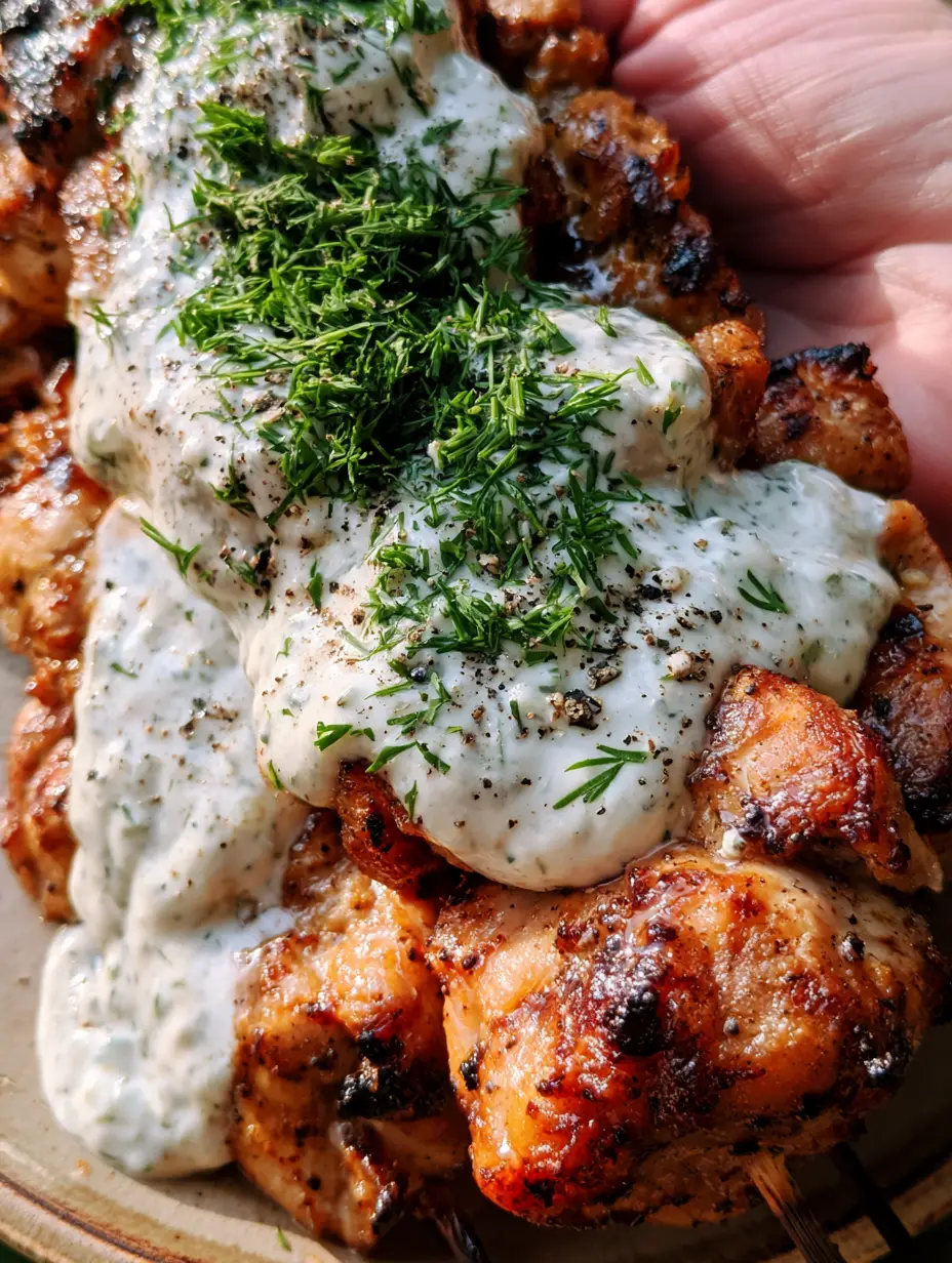 Dill-Gurken-Hähnchenspieße: Das ultimative Rezept für saftiges Grillvergnügen mit Ranch-Dressing 3 Extremer Close-up von Dill-Gurken-Hähnchenspieße mit perfekten Grillmarken und cremiger Sauce im Sonnenlicht. (dill-gurken-hähnchenspieße)