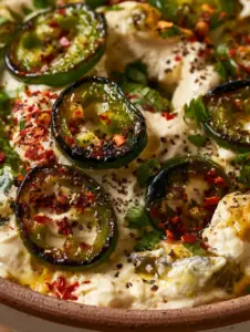 Makroaufnahme von gerösteten Jalapeño-Ringen auf einer weißen Frischkäse-Basis mit roten Chiliflocken. (jalapeño cowboy dip)