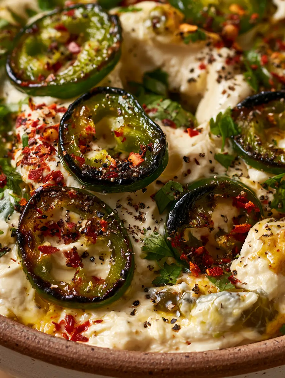 Makroaufnahme von gerösteten Jalapeño-Ringen auf einer weißen Frischkäse-Basis mit roten Chiliflocken. (jalapeño cowboy dip)