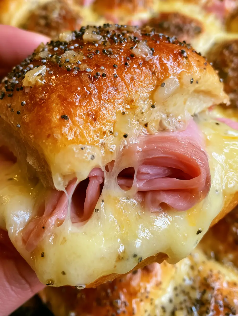 Extreme Nahaufnahme eines frischen Hawaiian Sliders mit Honigschinken und geschmolzenem Schweizer Käse unter einem Brioche-Brötchen. (hawaiian slider)