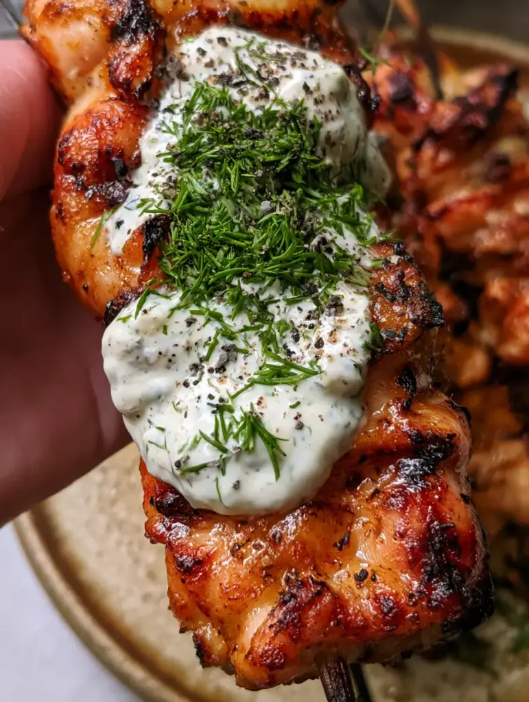 Dill-Gurken-Hähnchenspieße: Das ultimative Rezept für saftiges Grillvergnügen mit Ranch-Dressing 1 Detaillierte Ansicht der Textur von gegrilltem Hähnchen mit frischem Dill und grobem Pfeffer.