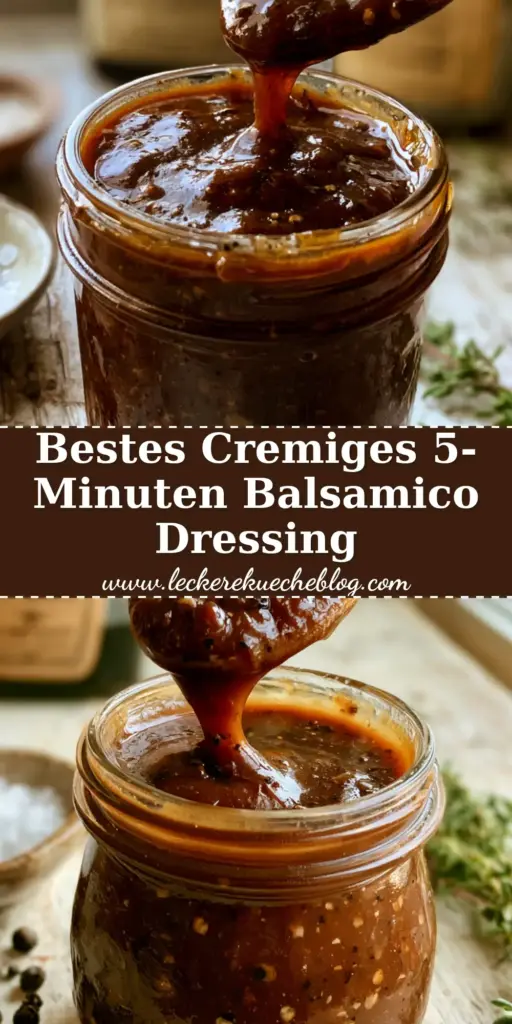 balsamico dressing: Das Geheimnis für die perfekte samtige Konsistenz 3 Ein dickflüssiges, samtiges balsamico dressing wird von einem silbernen Löffel in ein Glas gegossen, umgeben von Salz und Kräutern.