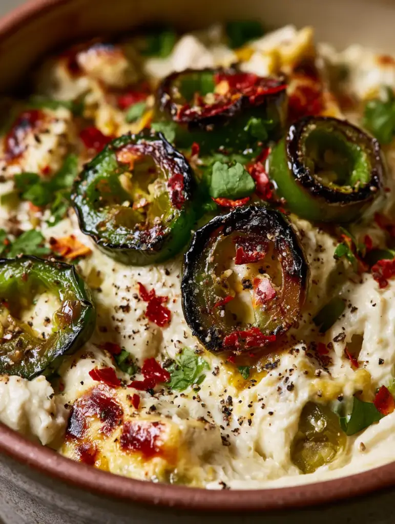 Rustikale Servierschale mit Jalapeño Cowboy Dip, garniert mit frischem Koriander und Senf-Swirls.