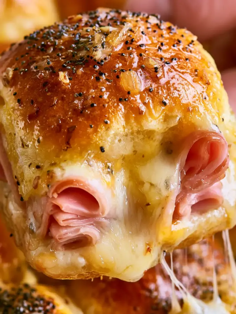 Ein Hawaiian Slider wird aus der Charge gezogen, goldbraune Kruste mit Mohn und Zwiebeln ist sichtbar.