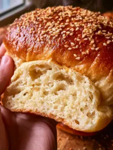 Eine Hand drückt ein aufgeschnittenes keto burger brötchen zusammen, um die Elastizität und luftige Krume zu zeigen.