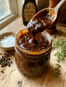 Nahaufnahme eines dunklen balsamico dressing mit sichtbaren Pfefferkörnern und glänzendem Finish.