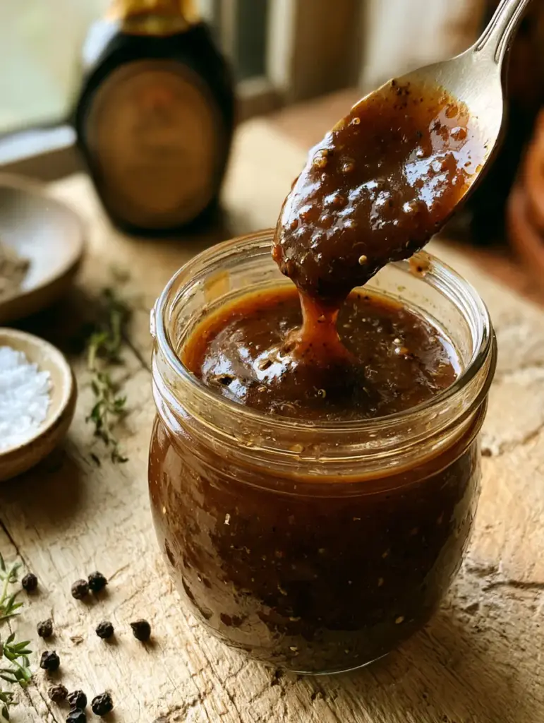 balsamico dressing: Das Geheimnis für die perfekte samtige Konsistenz 1 Balsamico Dressing in einem Glas auf einer rustikalen Holzoberfläche mit frischem Thymian.