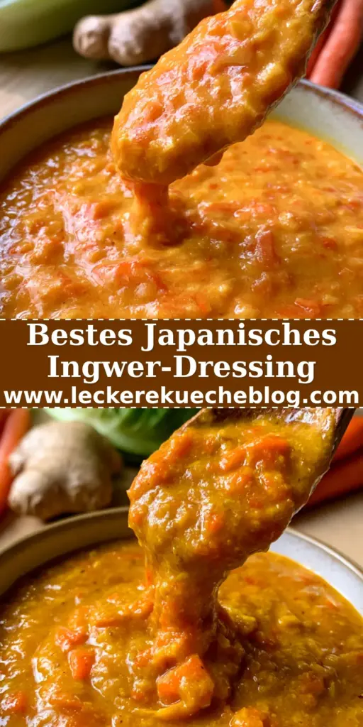 Ein Holzlöffel gießt frisches, orangefarbenes Ingwer-Dressing in eine Keramikschale, daneben ein Eisbergsalat. (ingwer-dressing)