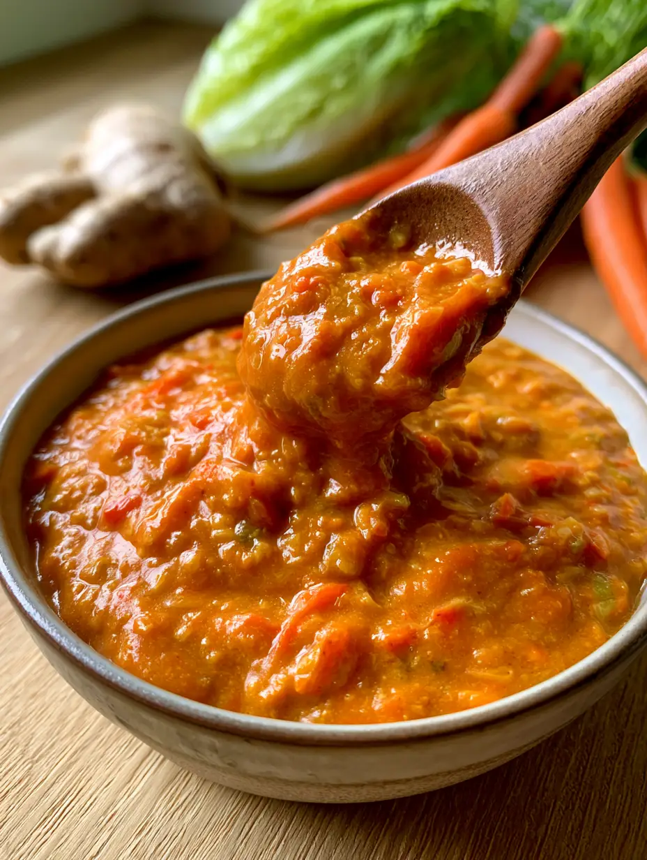 Nahaufnahme von Ingwer-Dressing auf einem Löffel mit sichtbaren Karottenstücken. (ingwer-dressing)