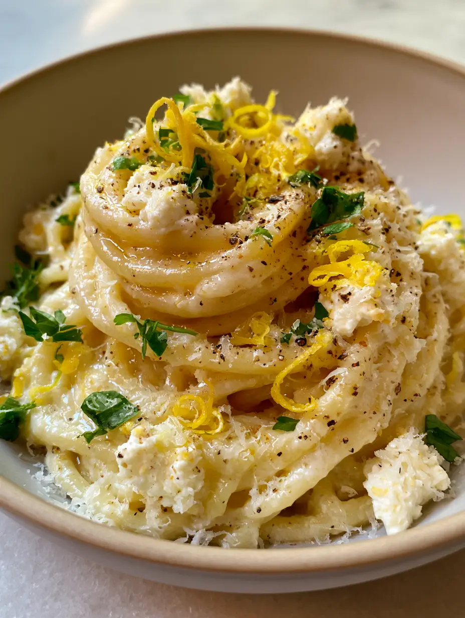 Handgehaltenes Foto einer dampfenden Schüssel Zitronen-Ricotta-Pasta mit glänzender Sauce und frischen Kräutern.