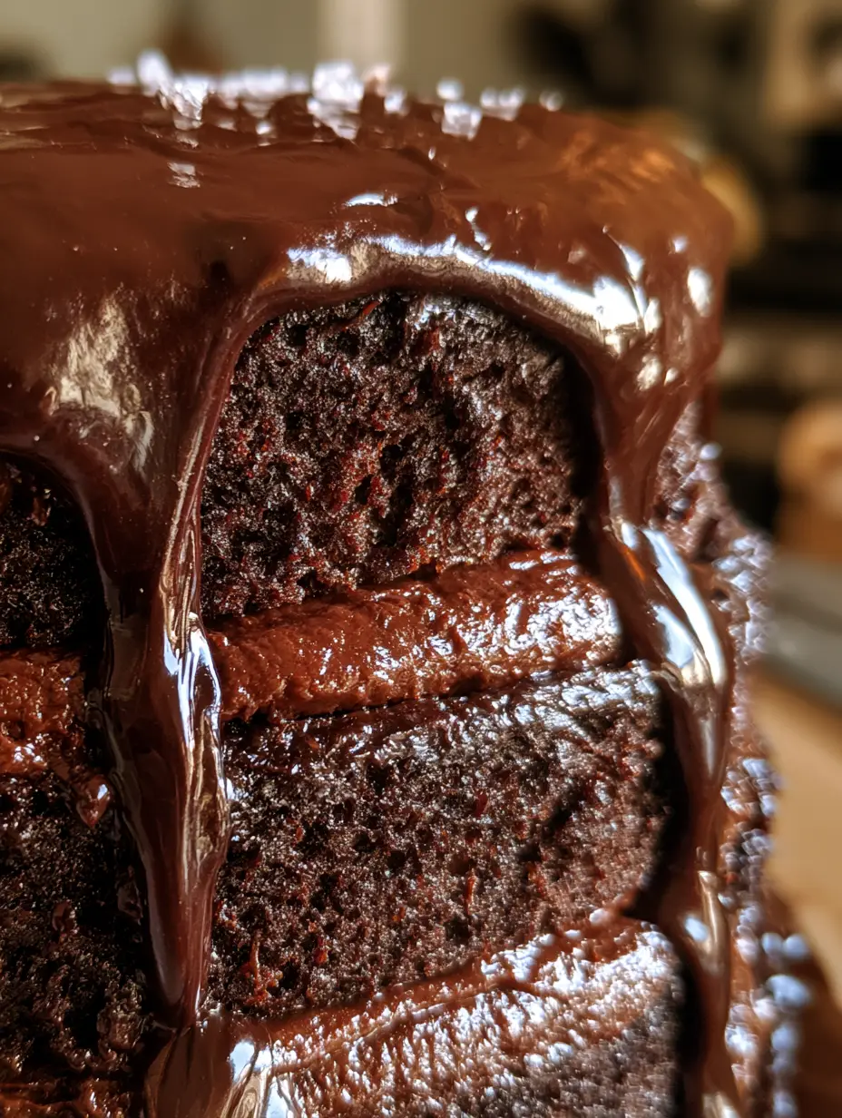 Extreme Makroaufnahme der porösen Krume des Mount Doom Schokokuchen unter natürlichem Licht.