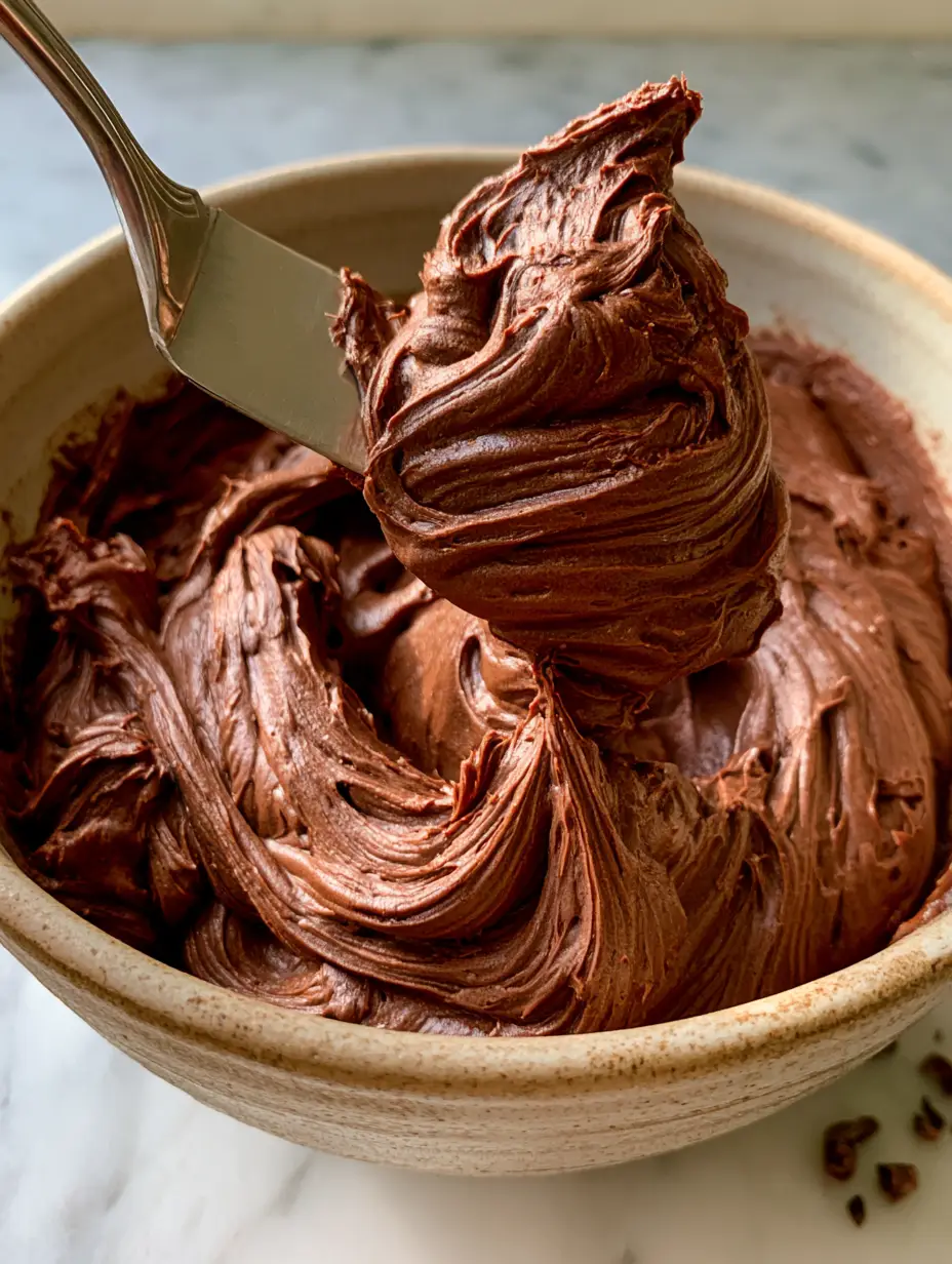 Nahaufnahme von Schoko-Pudding-Frosting mit steifen Spitzen in einer rustikalen Schüssel im Morgenlicht. (schoko-pudding-frosting)