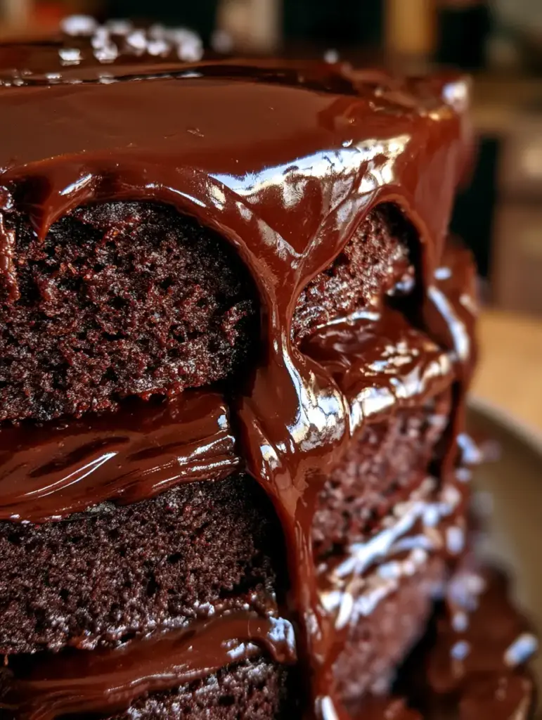 Dunkle Schokoladenganache, die in schweren Bändern an der Seite des Mount Doom Schokokuchen herabläuft.