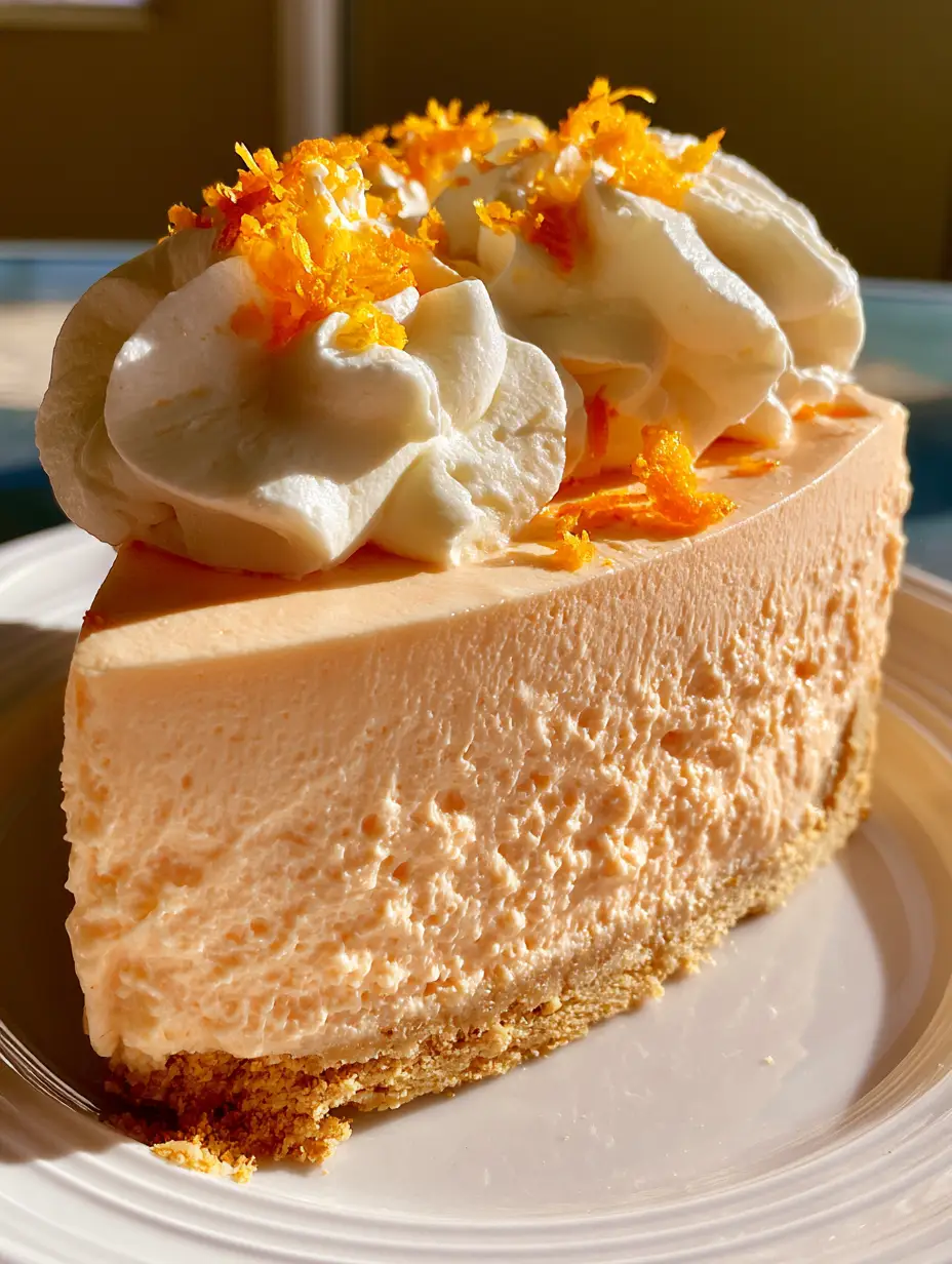 Seitenansicht eines Stücks Orangen-Creamsicle-Kuchen mit sichtbarer Textur der Mousse und goldenem Boden. (orangen-creamsicle-kuchen)
