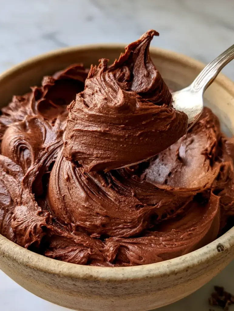 Ein silberner Spatel hebt eine große Portion des dicken Schokoladen-Frostings aus einer Keramikschüssel.
