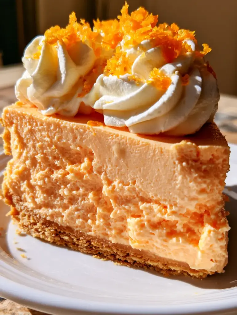 Ein Stück Orangen-Creamsicle-Kuchen im natürlichen Morgenlicht mit hellen Sahnetupfern und Zesten.