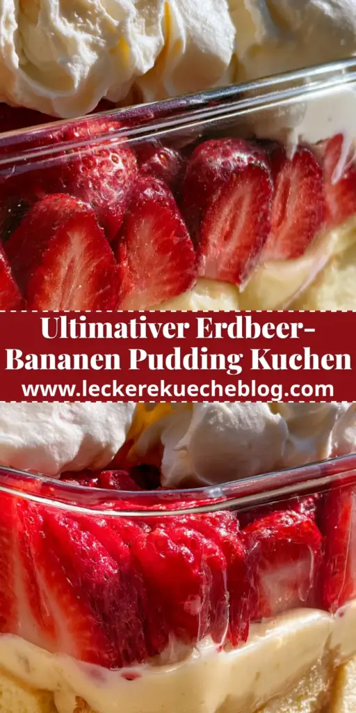 Ein köstlicher erdbeer-bananen-shortcake puddingkuchen in einer Glasform, serviert auf einem Holztisch im Garten bei Sonnenlicht.