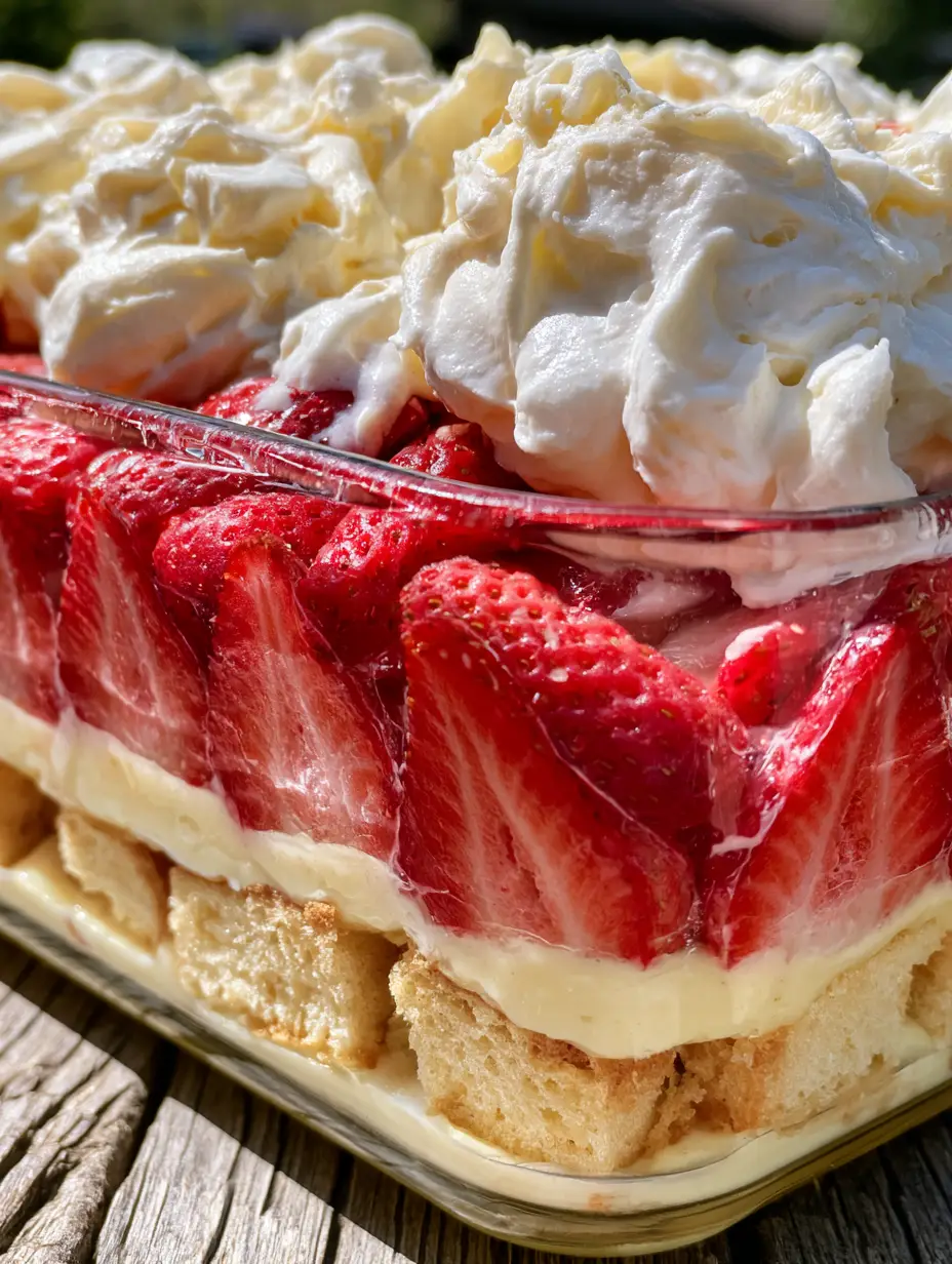 Nahaufnahme der Schichten des erdbeer-bananen-shortcake puddingkuchen mit Biskuit, gelbem Pudding und frischen Erdbeerscheiben.