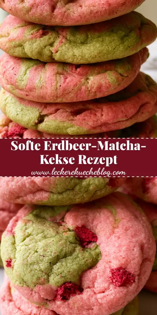 Ein Stapel weicher Erdbeer-Matcha-Kekse mit einem auffälligen rosa-grünen Wirbelmuster auf einer Marmorplatte. (erdbeer-matcha-kekse)