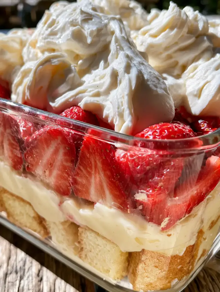 Draufsicht auf die massiven Schlagsahne-Spitzen und ganze Erdbeeren des erdbeer-bananen-shortcake puddingkuchen.