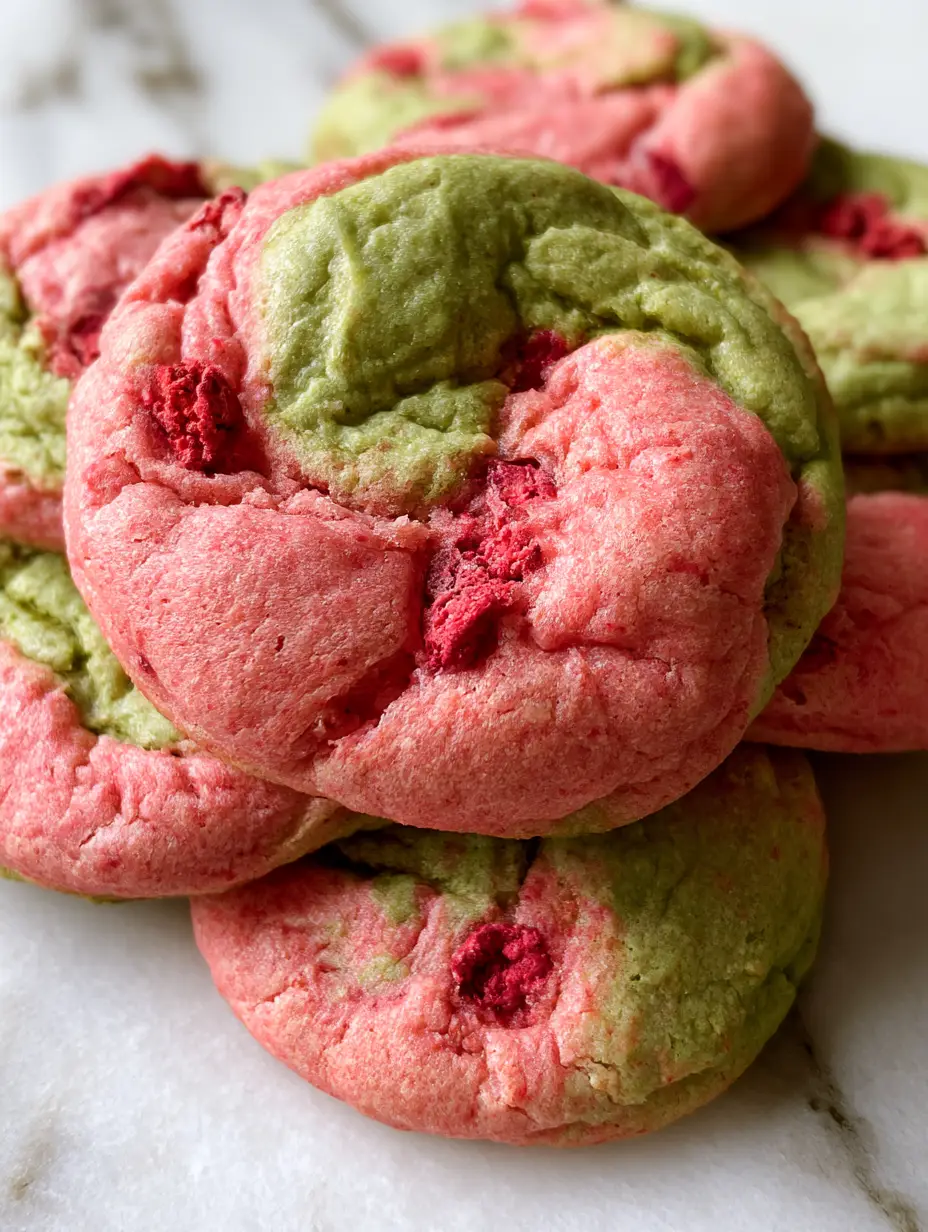Nahaufnahme der weichen Crinkle-Textur der erdbeer-matcha-kekse mit sichtbaren Erdbeerstücken. (erdbeer-matcha-kekse)