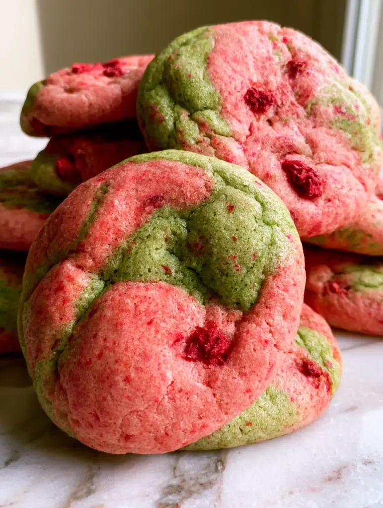 Draufsicht auf die marmorierten erdbeer-matcha-kekse, die das leuchtende Grün und Pastellrosa betonen.