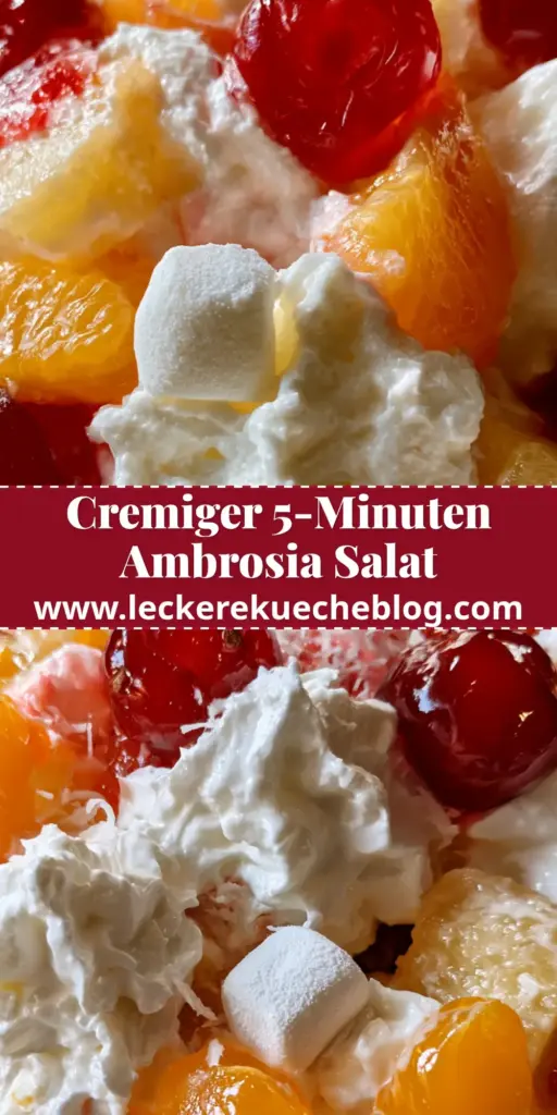 Ambrosia Obstsalat: Das ultimative Rezept für den cremigsten Klassiker wie bei Oma 4 Draufsicht auf einen cremigen Ambrosia Obstsalat in einer Kristallschüssel mit Kirschen und Marshmallows. (ambrosia obstsalat)