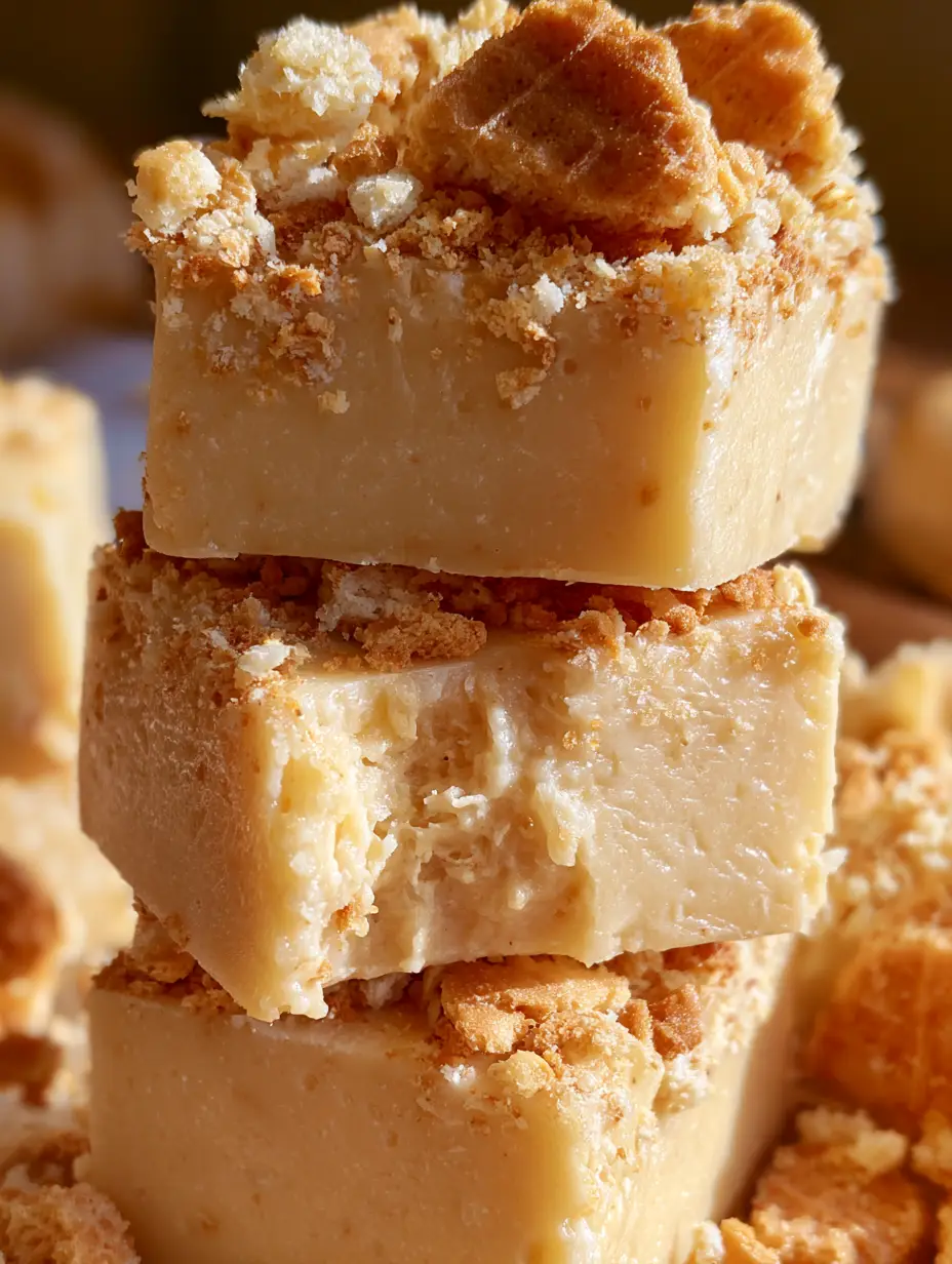 Nahaufnahme eines hohen Stapels von seidigem, gelbem Bananenpudding-Fudge mit knusprigen Keksstücken obenauf. (bananenpudding-fudge)