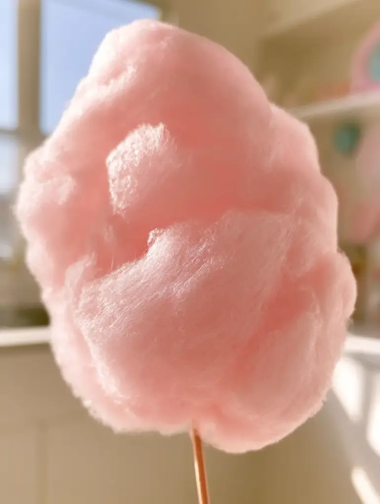 Zuckerwatte selber machen: Das Geheimnis für fluffige, pinke Wolken wie vom Jahrmarkt 1 Handgehaltene Zuckerwatte vor einem hellen Küchenhintergrund mit natürlichem Licht. (zuckerwatte selber machen)