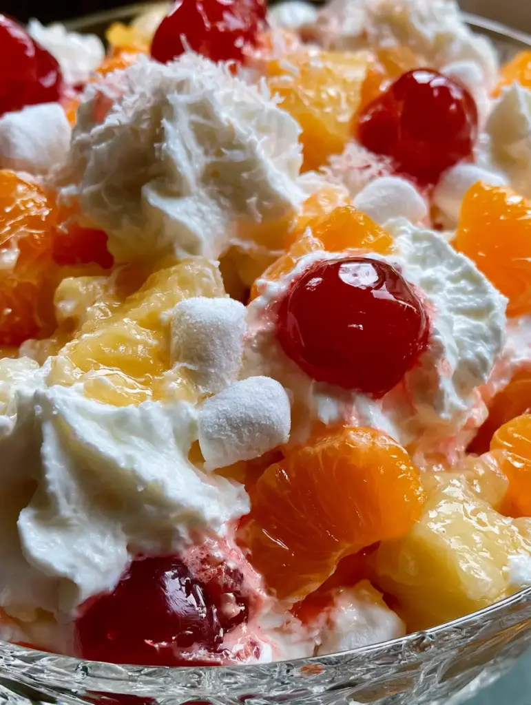 Ambrosia Obstsalat: Das ultimative Rezept für den cremigsten Klassiker wie bei Oma 2 Nahaufnahme von Ambrosia Obstsalat mit fluffiger Sahne, Mandarinen und Maraschino-Kirschen. (ambrosia obstsalat)