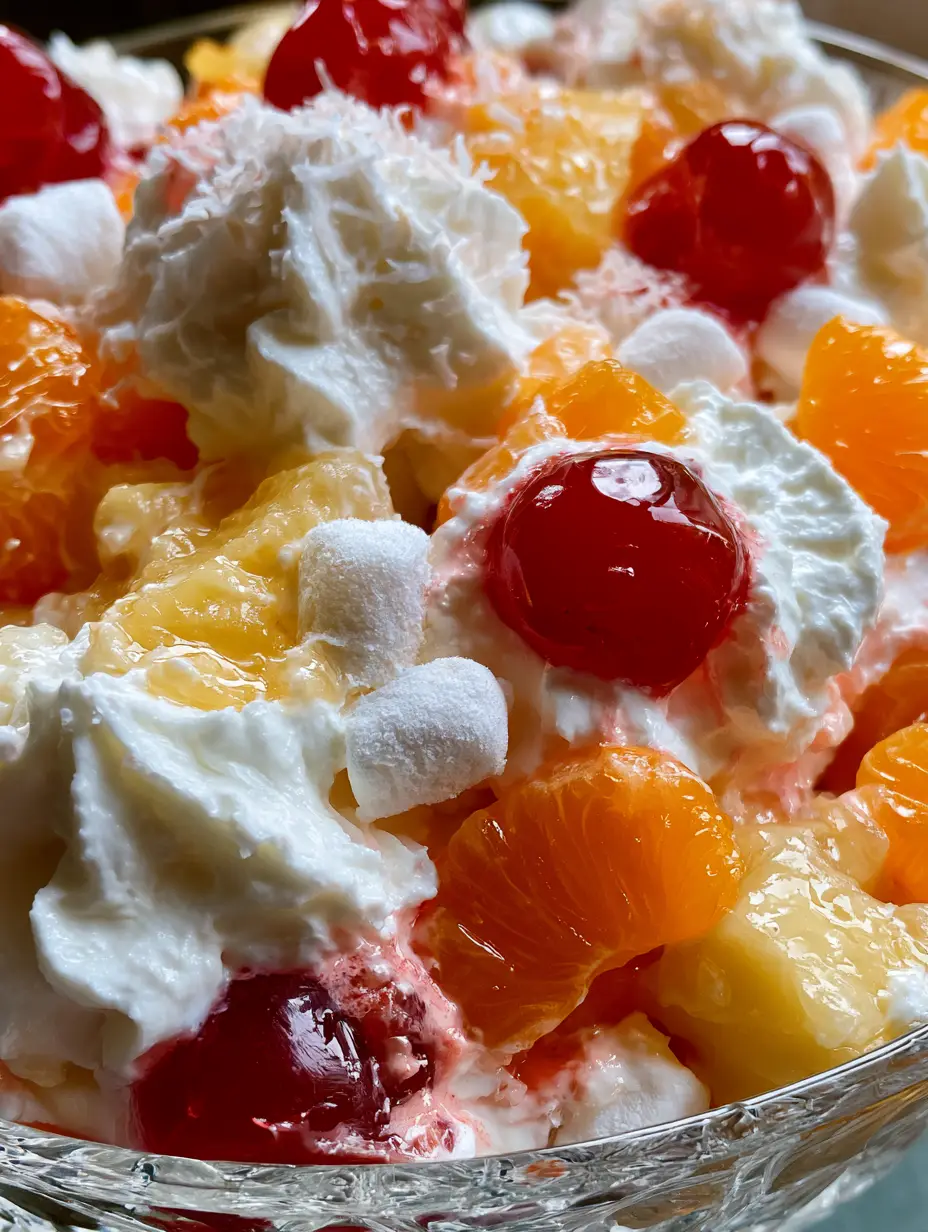 Ambrosia Obstsalat: Das ultimative Rezept für den cremigsten Klassiker wie bei Oma 3 Nahaufnahme von Ambrosia Obstsalat mit fluffiger Sahne, Mandarinen und Maraschino-Kirschen. (ambrosia obstsalat)