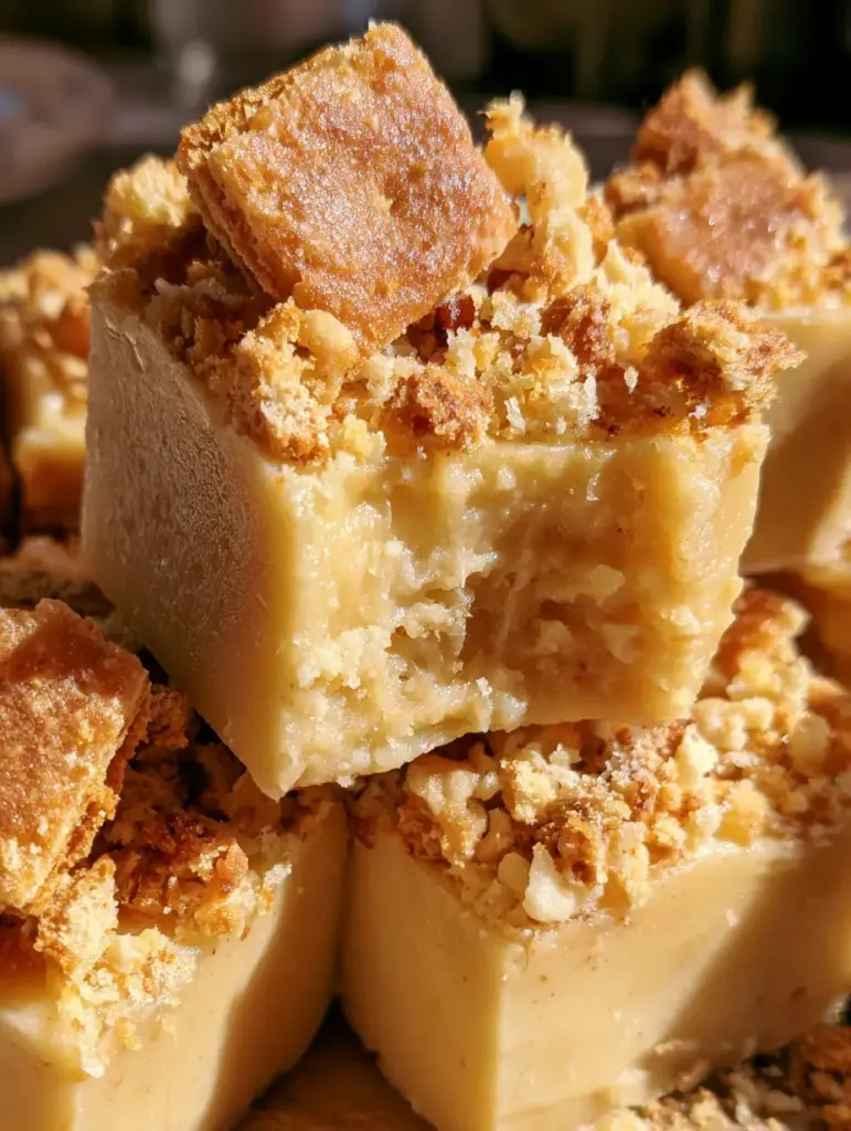 Detailansicht eines Bananenpudding-Fudge Stücks mit einem Biss, der das feuchte Innere zeigt.