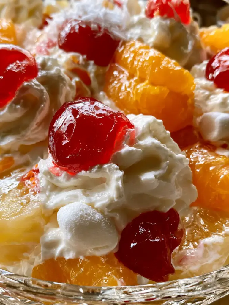 Ambrosia Obstsalat: Das ultimative Rezept für den cremigsten Klassiker wie bei Oma 1 Ambrosia Obstsalat in einer Glasschüssel mit sichtbaren Kokosflocken und Mini-Marshmallows. (ambrosia obstsalat)