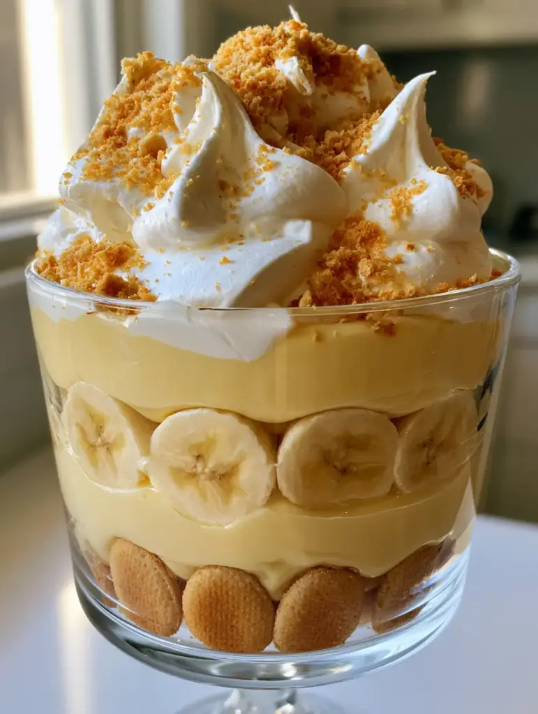 Weiße Sahnehaube mit Keksbröseln auf einem Bananenpudding.