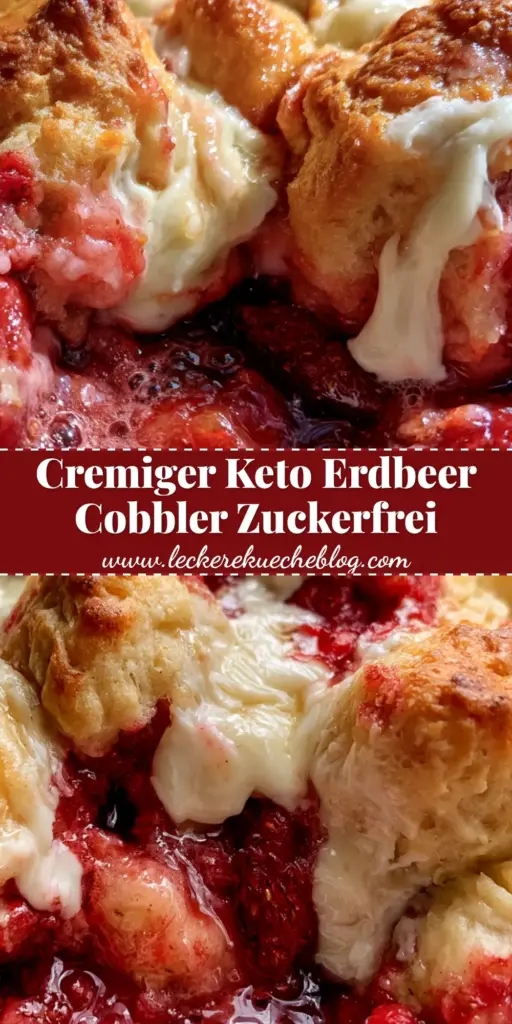 Nahaufnahme eines dampfenden Erdbeer-Frischkäse-Cobbler in einer weißen Form mit goldbraunen Spitzen und roten Beeren.