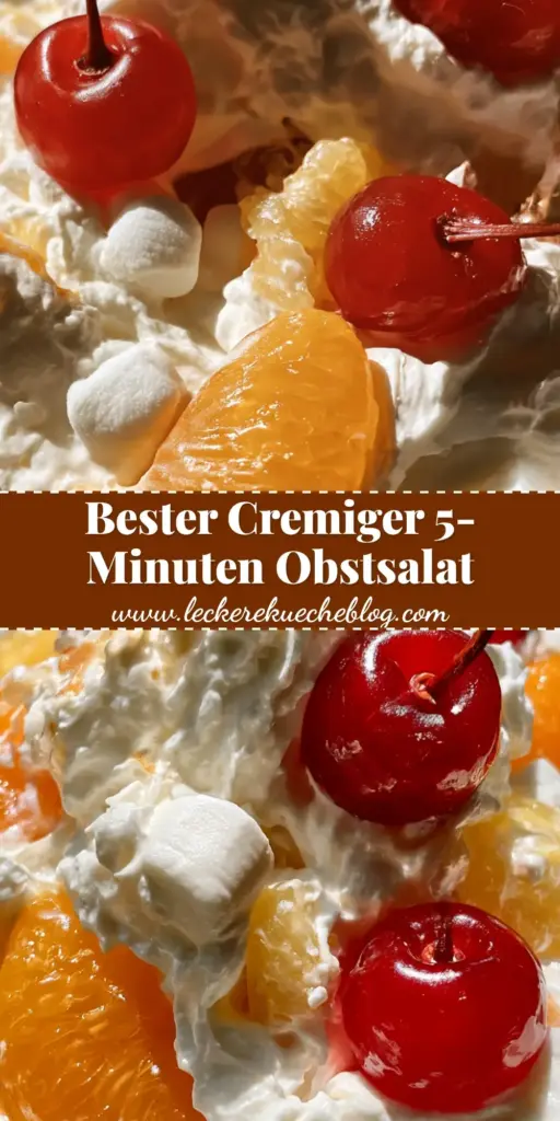 Ein appetitlicher Löffel cremiger Tropen-Obstsalat in einer Glasschüssel mit Kirschen und Kokos. (besser als sex obstsalat)
