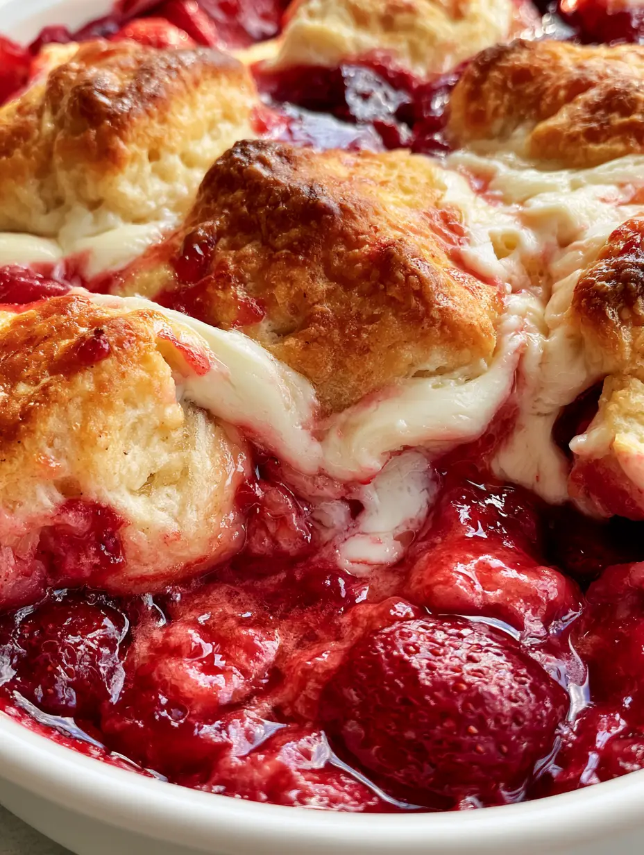 Makroaufnahme von blubberndem Erdbeer-Kompott und schmelzendem Frischkäse unter einer Kruste. (erdbeer-frischkäse-cobbler)