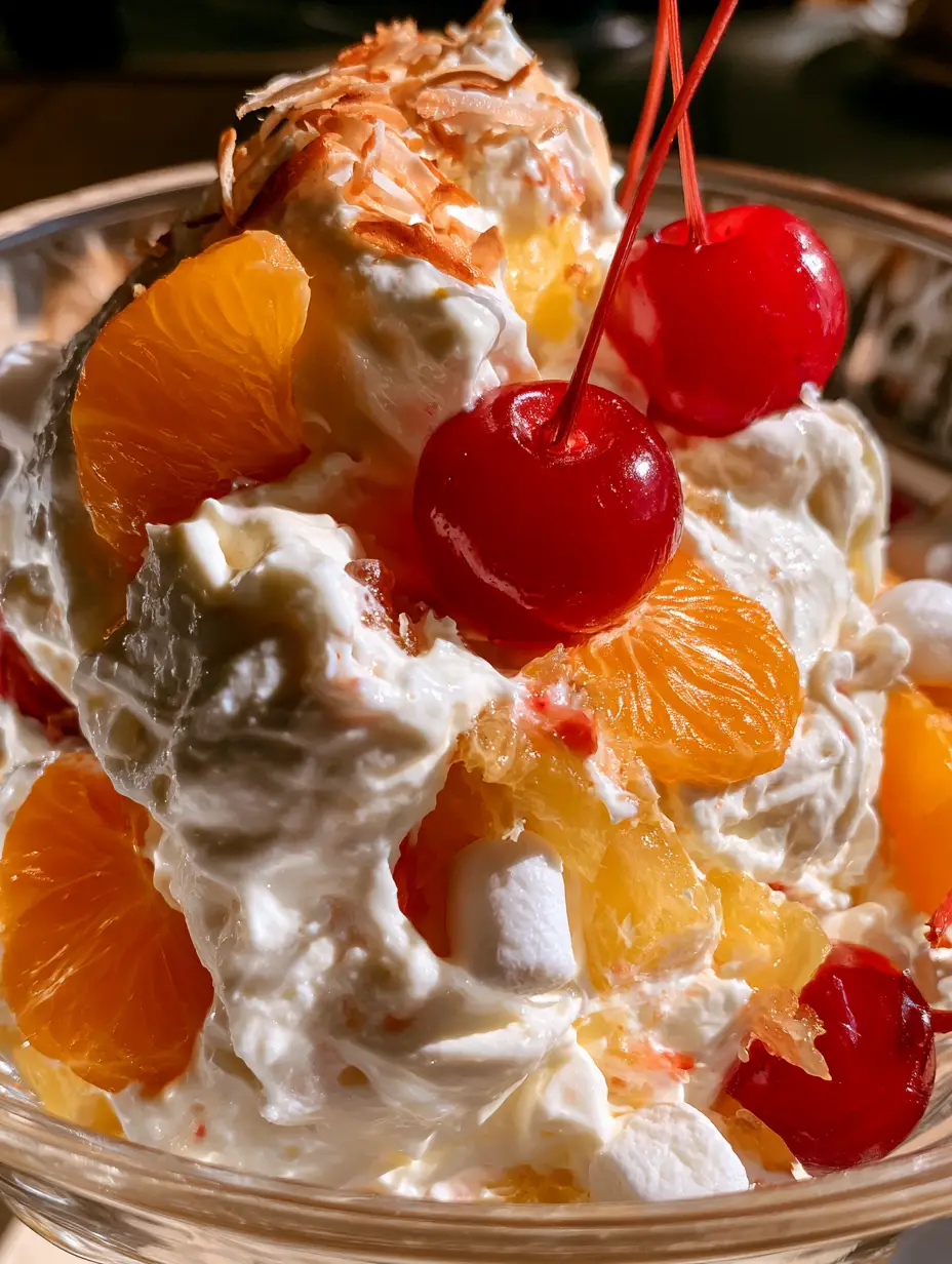 Nahaufnahme einer cremigen Portion Obstsalat mit Mandarinen, Marshmallows und einer Maraschino-Kirsche. (besser als sex obstsalat)
