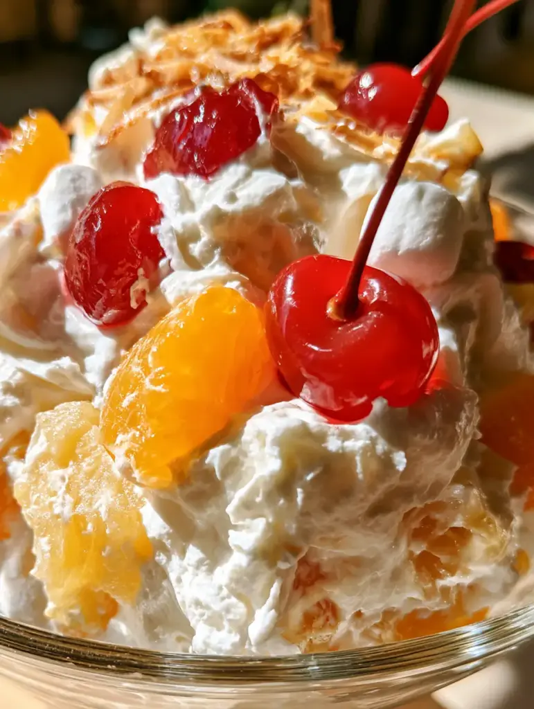 Servierfertiger besser als sex obstsalat in einer Glasschüssel mit goldenen Kokosflocken oben drauf.