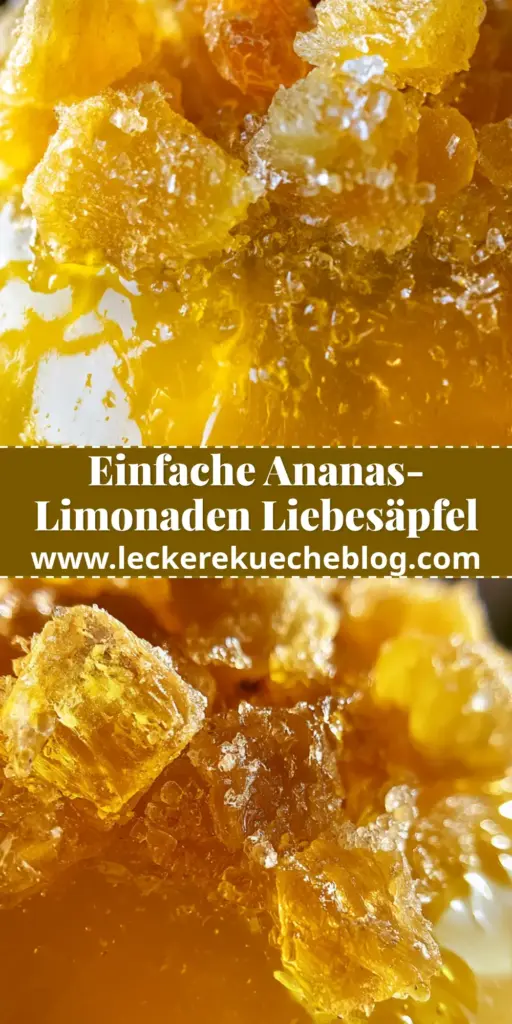 Ananas-Limonaden-Liebesäpfel: Das ultimative Rezept für exotischen Kirmes-Genuss 4 Ein luxuriöser Ananas-Limonaden-Liebesapfel mit transluzenter gelber Glasur, gekrönt von Ananasstücken und funkelndem Zucker vor rustikalem Hintergrund.