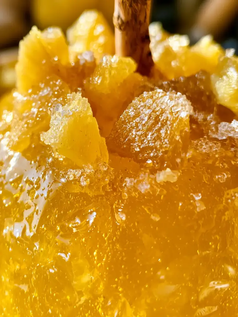 Ananas-Limonaden-Liebesäpfel: Das ultimative Rezept für exotischen Kirmes-Genuss 2 Nahaufnahme der Textur eines Ananas-Limonaden-Liebesäpfel mit kristallinem Zucker und getrockneten Ananasstücken auf der gelben Kruste.