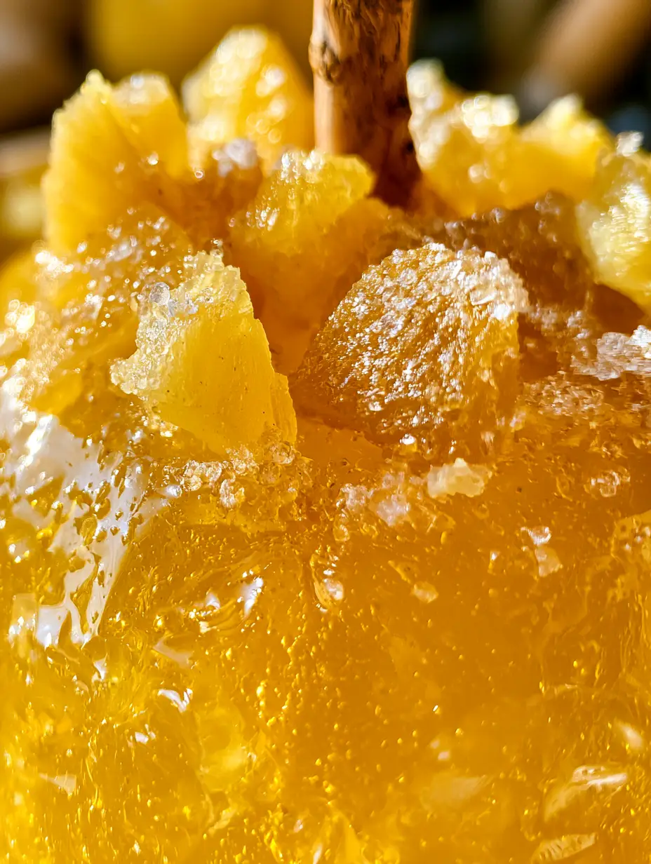 Ananas-Limonaden-Liebesäpfel: Das ultimative Rezept für exotischen Kirmes-Genuss 3 Nahaufnahme der Textur eines Ananas-Limonaden-Liebesäpfel mit kristallinem Zucker und getrockneten Ananasstücken auf der gelben Kruste.