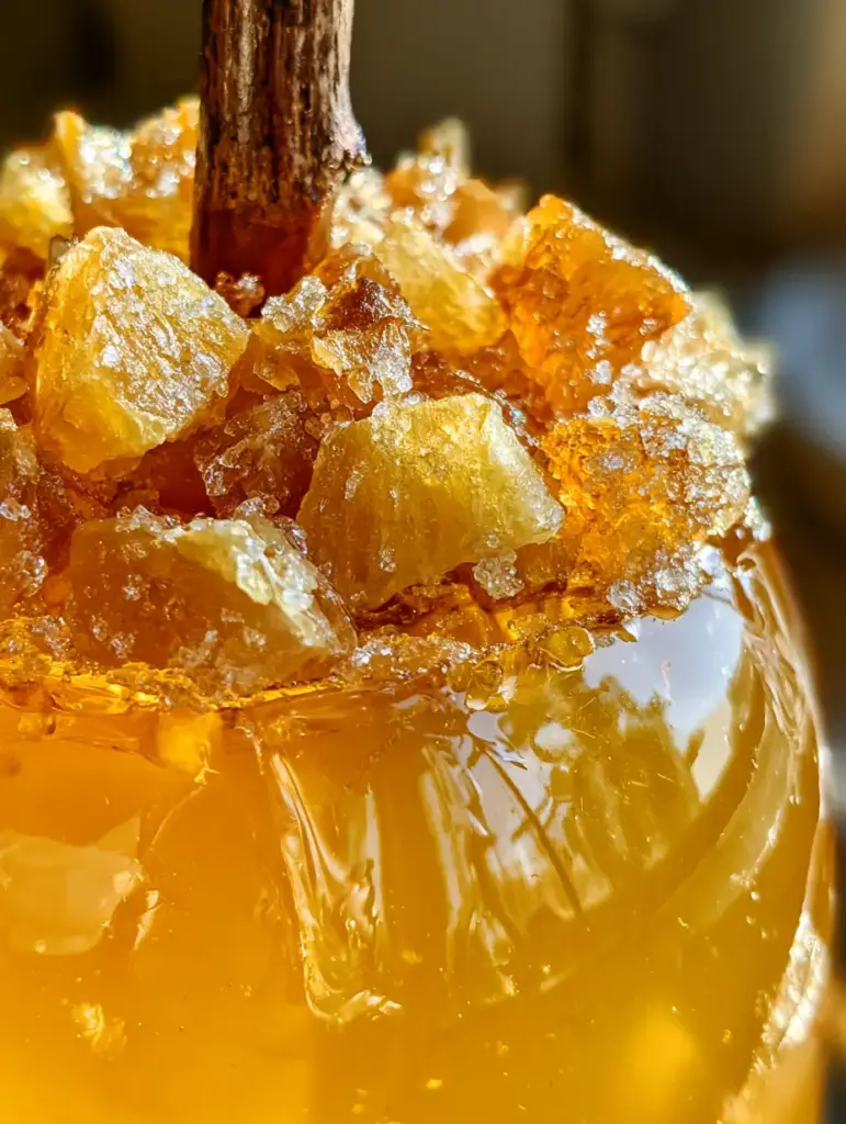 Ananas-Limonaden-Liebesäpfel: Das ultimative Rezept für exotischen Kirmes-Genuss 1 Seitenansicht eines Gourmet-Liebesapfels mit reflektierender gelber Schicht und rustikalem Holzstab.