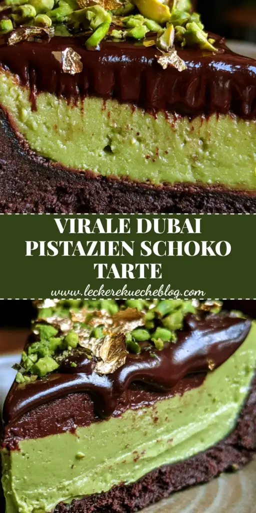 Eine luxuriöse Scheibe der Dubai Pistazien-Schokoladen-Tarte mit drei sichtbaren Schichten, Blattgold und gehackten Pistazien auf einem rustikalen Teller.