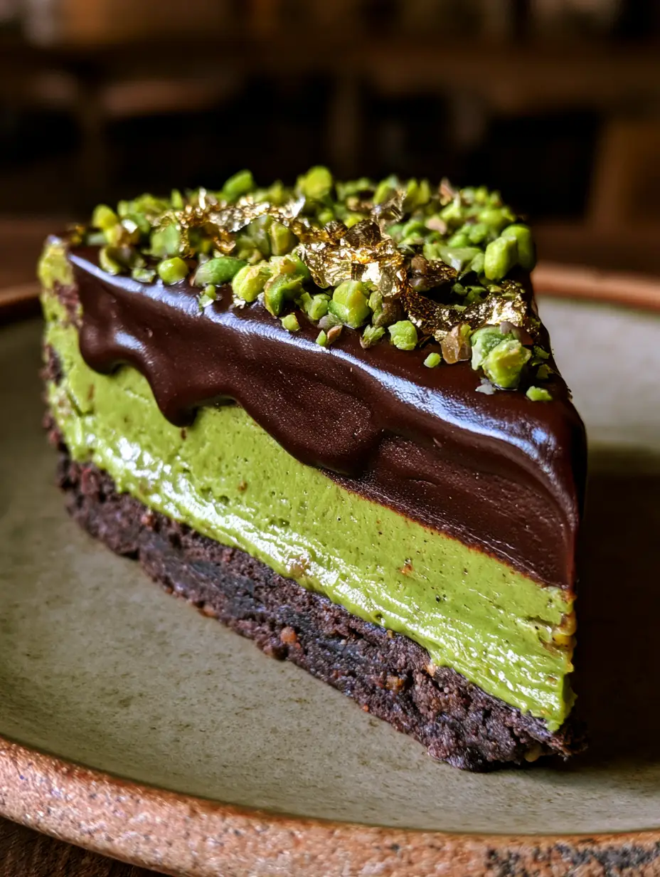 Nahaufnahme einer Dubai Pistazien-Schokoladen-Tarte Slice mit glänzender Ganache und neongrüner Füllung.