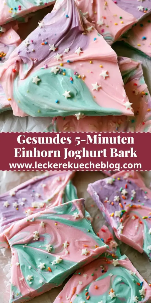 Nahaufnahme von zerbrochenen Stücken der Einhorn-Joghurt-Bark auf zerknülltem Backpapier mit bunten Streuseln. (einhorn-joghurt-bark)